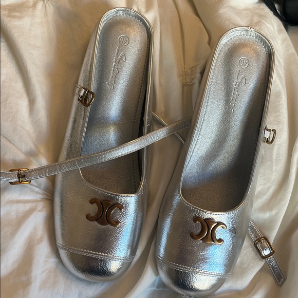 Celine Silver Mary Jane Shoes with Gold Accents - Picture 3 of 5